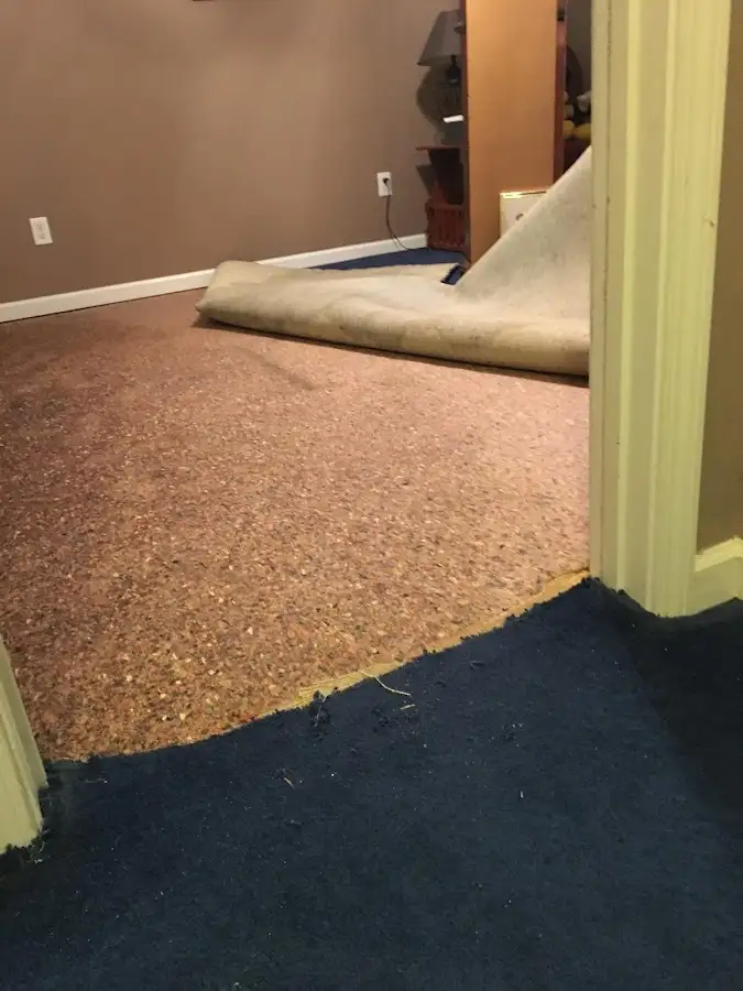 Carpet pad removal revealing water damage during Water Mitigation Services in Grapevine